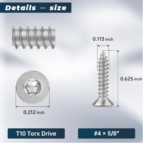 Glvaner 200-pack #4 x 5/8" Torx Flat Head Self Tapping Wood Screws, 304 Stainless Steel 18/8, Indoor/Outdoor Use, Includes Torx Bit - size: #4 x 5/8