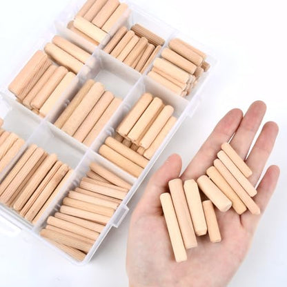 BUGYOO 200Pcs Wooden Dowel Pins with Tapered End with Bevel Angle Groove Wood Peg - 9 Sizes, Small Wooden Dowels Fluted Dowel Pins Assorted Used for Crafts, Furniture, Door, Woodworking