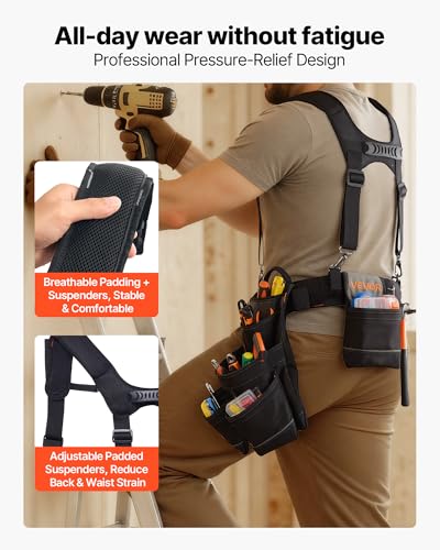 VEVOR Tool Belt, 19 Pockets Tool Pouch with Suspenders for Men, Heavy Duty Adjustable Utility Belt Work Bag Detachable Suspension Rig for Electrician, Carpenter, Construction, Adjust Waist 31 to 51in - size: 19 Pockets