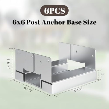 6 Pack 6x6 Post Base for Concrete, Post Anchor Base, Silver - size: 6 Pack Silver
