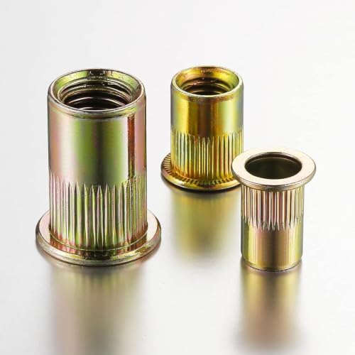 Wensilon 200Pcs Rivet Nut M3 Metric Yellow Zinc Plated Finish Flat Head Rivnut Threaded Insert Nut Knurled Body - color: Yellow, size: Metric M3