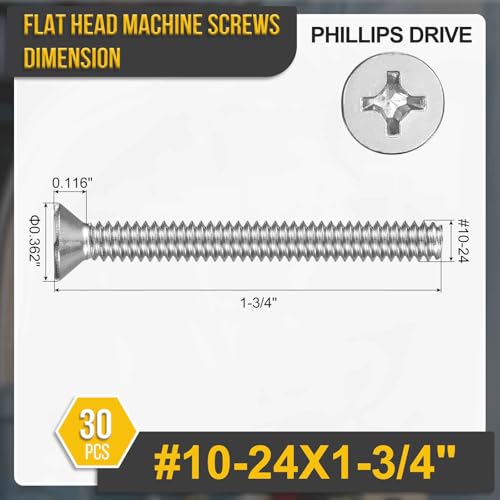 DTGN #10-24x1-3/4 Phillips Flat Head Machine Screw 304 Silver 30pcs - color: Silver, size: #10-24x1-3/4"