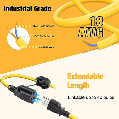 3-Prong 100FT Construction String Lights, IP65 Waterproof ETL Certified String Work Lights, 5000K Daylight 18AWG Wire Linkable Temporary Construction Lighting for Jobsite with 10 Bulbs & Hooks - size: 100FT-3Prong