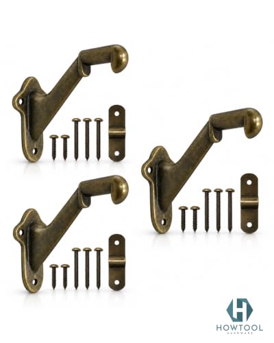 Stair Handrail Brackets Wooden Railing Support Antique Brass, 3 Pack | HOWTOOL - color: Antique Brass