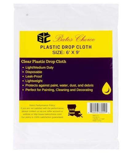 Bates Plastic Drop Cloths - 2 Pack, 6x9 Feet, Clear Plastic Tarp for Painting