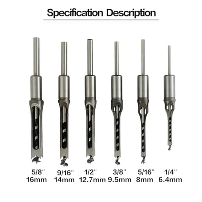 6Pcs Square Mortise Chisel Drill Bit Set 5/8-1/4" 6 Sizes for Woodwork