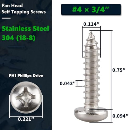 #4 x 3/4" (100 Pack) Stainless Steel Phillips Pan Head Wood Screws, Stainless Steel 304 (18-8), Pan Head Sheet Metal Screws Self Tapping for Wood - size: #4 x 3/4"