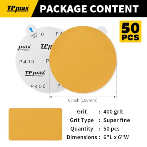 TPmax 6-Inch 400-Grit Gold PSA Sanding Discs, 50 Pack – Pro-Grade Self-Adhesive Stickyback Sandpaper with Quick-Release Tabs for DA Sander, Superfine Automotive/Wood/Metal Sanding - style: 400 Grit