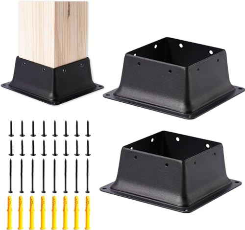 4 x 4 Post Base, 2 Pcs (Inner Size 3.6"x3.6"Deck Post Base) Heavy Duty Metal Black Powder Coated Post Brackets Fit for Standard Wood Post Anchor for Deck Porch Handrail Railing Support - size: 3.6X3.6-2PCS