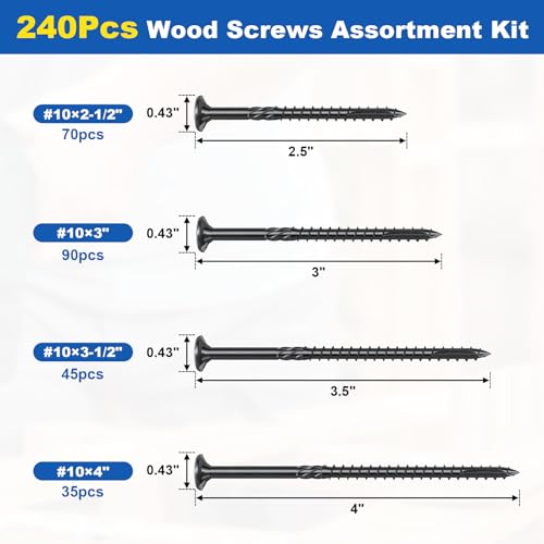 #10 Wood Screws Assortment Kit, 240Pcs 4Sizes Screws Set Assorted Screws - size: #10(4Sizes)-240pcs