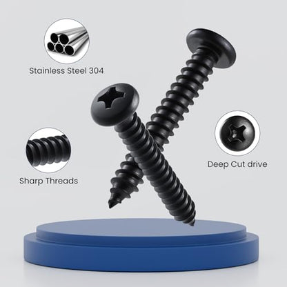 #8 x 1-1/2 Inch Pan Head Wood Screws, Phillips Drive, Black Oxide Stainless Steel 304 (18-8), Self Tapping for Wood, Sheet Metal Screws, 100 Pack - color: Black, size: #8 x 1-1/2"