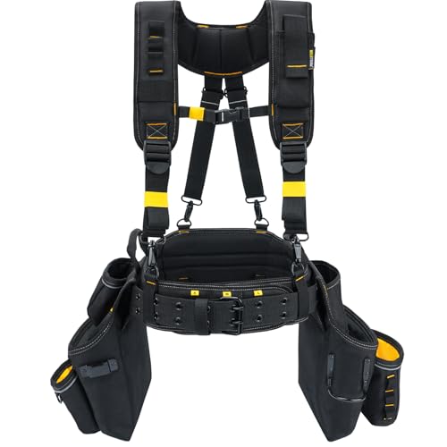MELOTOUGH Carpenters Tool Belt with Suspenders Professional Tool Belt Combo Organizer With Tool Pouch Suspenders with 32 Pockets and Loops fits 33"-47"Waist for Electrican/Contractor/Technican(Yellow)
