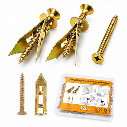 Jyphorixal 120 PCS Self Drilling Drywall Anchors with Screws Kit, Heavy Duty Metal Wall Anchors for Drywall, Sheetrock Anchors 0.47x1.57inch with Screws, No Drill Dry Wall Anchors and Screws Kit - size: Yellow 120Pcs 0.47X1.57inch