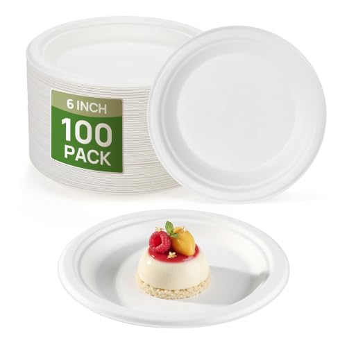 Goodluck 6 Inch White Compostable Sugarcane Paper Plates, 100 Pack - size: 6 inch