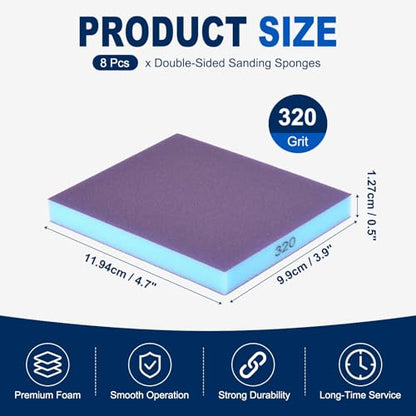 8Pcs 320Grit Double-Sided Sanding Sponges, Washable & Reusable - size: 320Grit
