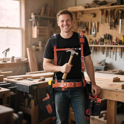 WELKINLAND Top-Grain Leather Tool Belt With Suspenders, Leather Tool Belt