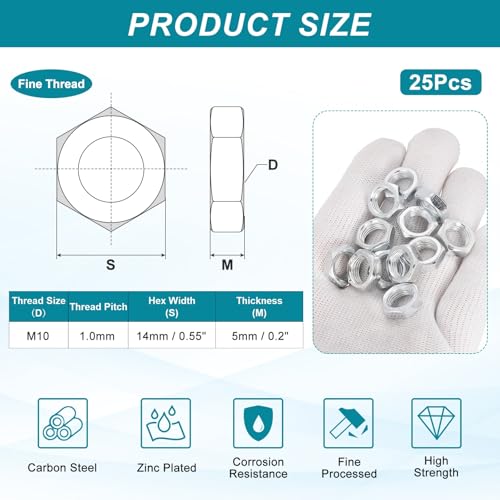 PATIKIL M10x1x5mm Steel Hex Nuts, 25Pcs Metric Fine Thread Carbon Steel Zinc Plated Finished Hardware Screw Nuts Fasteners for Machinery Manufacturing, Industrial Use, 14mm Width - size: M10x1x5mm