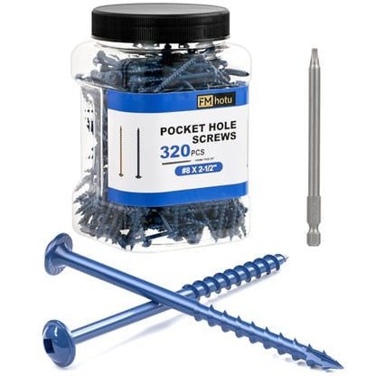 #8 Pocket Hole Screws 2-1/2 Inch, 320Pcs Coarse Thread Wood Screws, Square Drive, Washer Head, 4-Layer Coating, Drive Bit Included (Blue) - color: Blue, size: #8 x 2-1/2"