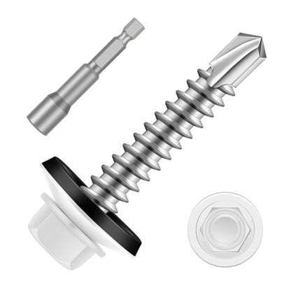 #10 x 1-1/2" Zinc Plated Steel Self Drilling Roofing Screws, Hex Head Self Tapping Screws with EPDM Washer, White Head, 100 PCS - color: White, size: #10 x 1-1/2"