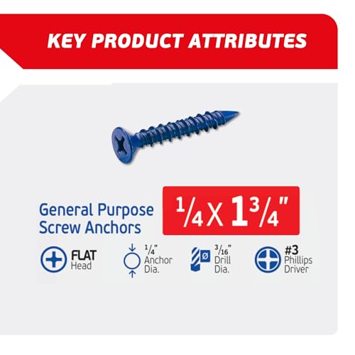 1/4 x 1-3/4" Countersunk Phillips Flat Head Blue Concrete Screw Anchors (100 pcs Screw Kit) with one Screwdriver and Drill Bit for Concrete, Masonry, Block, Brick and Wood Fastening - size: 1/4 x 1-3/4 in