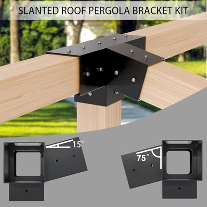 Pergola Kit, Slanted Roof Pergola Bracket, 4-Way Brackets with Post Base Kit, Log Cabin Outdoor 4"x 4" (Actual 3.5" X 3.5") Lumber - color: 1PC 15°4-Way+1PC 75°4-Way+2PC Post Base