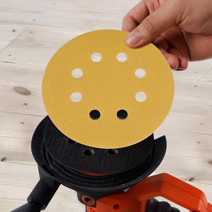 5-Inch 8-Hole Hook and Loop Gold Sanding Discs, Pack of 50 Sandpaper, 150-Grit