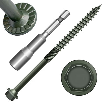 Mywish 20 Pack #14 x 4 Inch Exterior Lag Screws, 6.3x100mm Serrated Hex Washer Structural Deck Wood Screw, Heavy Duty Construction Screw, Rust Resistant Green Coated, Exterior Wood Screws - size: 14 x 4"