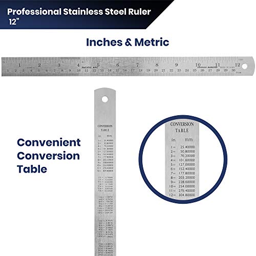 2 Pack Pacific Arc 12 Inch Stainless Steel Ruler with Inch/Metric Conversion Table - style: 2 Pack | 12 in