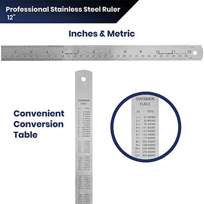 2 Pack Pacific Arc 12 Inch Stainless Steel Ruler with Inch/Metric Conversion Table - style: 2 Pack | 12 in