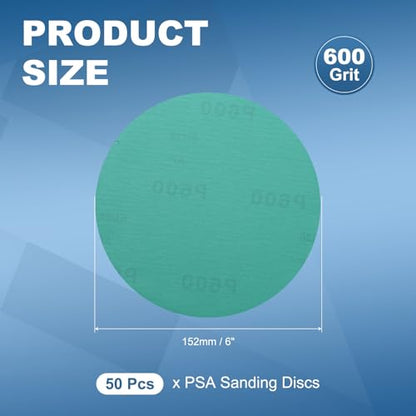 50Pcs 6" PSA Sanding Discs 600 Grit Polyester Film Green - size: 6 Inch-600 Grit