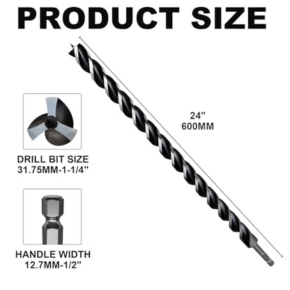 1-1/4"×24" Professional Auger Drill Bit for Wood with Quick Change 1/2" Hex Shank- 3-Cutter Design with Dual-Flute for Fast Chip Removal, Fits Hardwood, Softwood, PVC, Drywall & Tree Stumps - size: 1-1/4"×24"