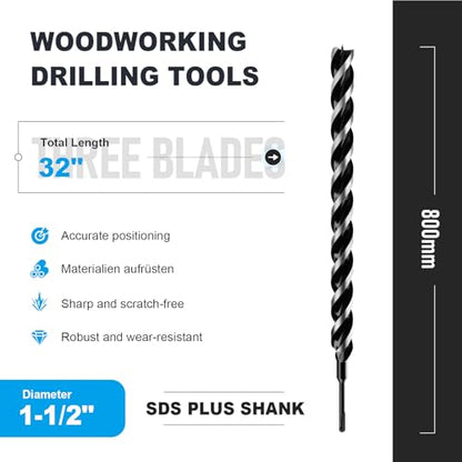 1-1/2" x 32" Auger Drill Bit with SDS Plus Shank for Wood - size: 1-1/2"x32"