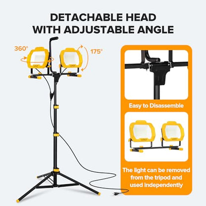 LUTEC 25000 Lumen LED Work Lights with Stand, Dual Head Dimmable Work Light with 6 Brightness Levels, IP65 Waterproof Rotating WorkLights with Telescoping Tripod and 8.2 Ft 3-Prong Power Cord - style: 25000 Lumen