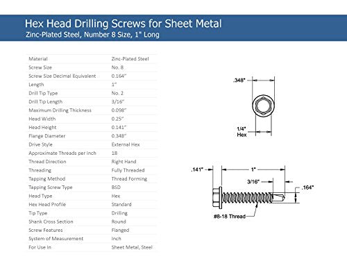 Strong-Point #8 x 1'' Hex Washer Head Self-Drilling Tek Screw, Zinc Plated Steel, Box of 100 - size: #8-18 Thread x 1" Long