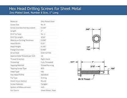Strong-Point #8 x 1'' Hex Washer Head Self-Drilling Tek Screw, Zinc Plated Steel, Box of 100 - size: #8-18 Thread x 1" Long