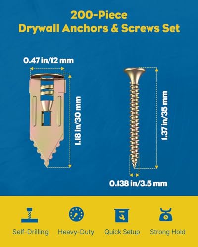 Vibit Self Drilling Drywall Anchors, Heavy Duty Wall Anchors for Drywall, Metal Dry Wall Anchors and Screws Kit, Carbon Steel Sheetrock Anchors with #6 x 1 3/8" Screws, Picture Hanging Kit, 200 Pcs - size: 200 Pcs