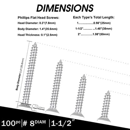 White Head 100 PCS #8X1-1/2(1.5 inch) Stainless Steel Phillips Flat Head Wood Screws,Stainless Steel 18-8 A2(304) Screw,Home Screw Kit by QISHENG - color: White, size: #8X1-1/2"(1.5 inch)