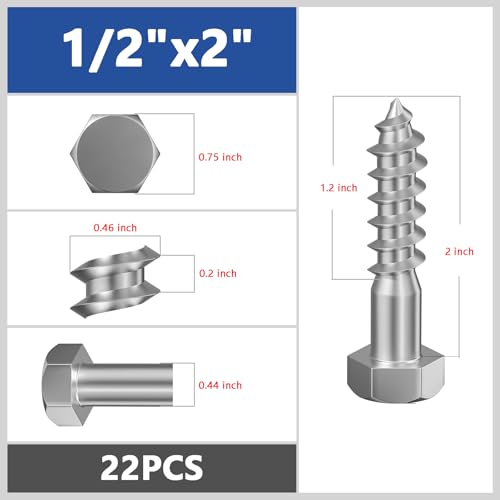 Wensilon Lag Screws Wood Screws (22PCS, 1/2"x2", Silver) Hex Head Lag Bolts,(12x50) Heavy Duty Lag Screws,304 Stainless Steel Bolts 18-8 - color: Silver, size: 1/2"x2"