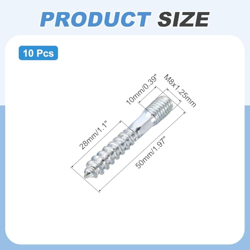 MECCANIXITY M8 Hanger Bolts, 1.97"(50mm) Length Double Headed Hanger Bolts 0.31"(8mm) Wood Dowel Screw Self-Tapping Threaded Rods Screw for Assembling Wood Furniture Joint, Pack of 10 - size: M8x50mmx8mm