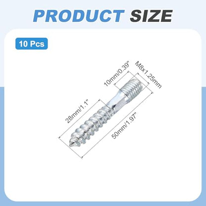 MECCANIXITY M8 Hanger Bolts, 1.97"(50mm) Length Double Headed Hanger Bolts 0.31"(8mm) Wood Dowel Screw Self-Tapping Threaded Rods Screw for Assembling Wood Furniture Joint, Pack of 10 - size: M8x50mmx8mm