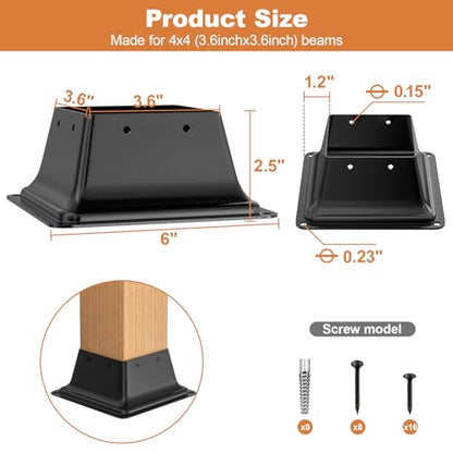 4x4 Post Base 2Pcs, Internal 3.6"x3.6" Heavy Duty Post Bracket