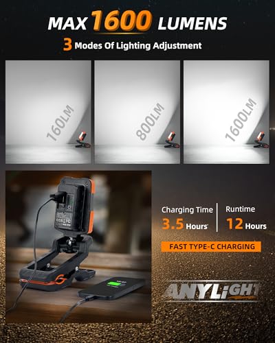 Rechargeable Work Light with Clamp,Foldable Magnetic Work Light,360° Rotate - color: Orange