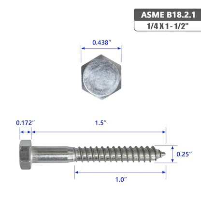 1/4 X 1-1/2" Hex Head Lag Screws Bolts, 304 Stainless Steel 18-8, Hexagon Head Wood Screws Hex Lag Screws, Pack of 20 - size: 1/4 X 1-1/2"