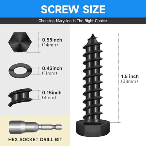 (10-Set) 3/8 x 1-1/2" Lag Screws, Stainless Steel Heavy Duty Hex Head Lag Bolts for Wood, Commercial/Industrial Grade 1/4 Bolts, Mounting Screws Bolts Kit, Black Oxided by Marysino - color: Black, size: 3/8 x 1-1/2"