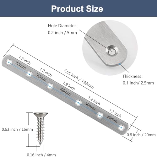 8 Pack Flat Straight Brace Brackets, 8 Inch Stainless Steel Mending Plates Repair Fixing Brackets Heavy Duty Straight Repair Joining Plates for Wood with Screws - size: 8 PCS-8 inch