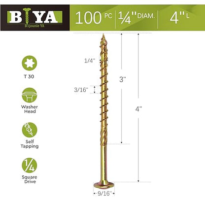 Structural Lag Screws 1/4" x 4" 100PCS Heavy Duty Wood Screws - size: 1/4" x 4" - 100 SCREW COUNT