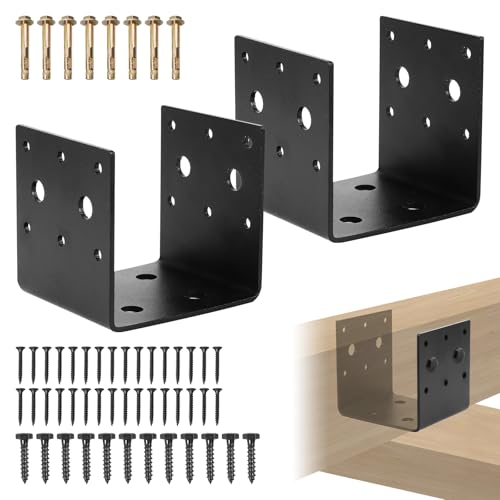 2x Black Half Base & Joist Hanger Brackets for 4"x4" Wood Posts with Screws, 3mm Steel