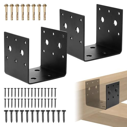 2x Black Half Base & Joist Hanger Brackets for 4"x4" Wood Posts with Screws, 3mm Steel