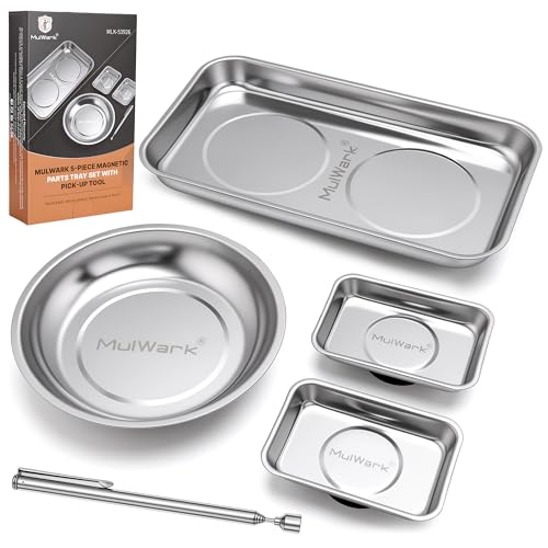 MULWARK 4Pcs Magnetic Tray with 1.5Lb Magnetic Pickup Tool, 3 Sizes Stainless Steel Magnetic Parts Tray for Organizing Screw Bolts Nuts Washers Pins Repair Tools Workshop - size: X-Small