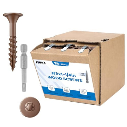 #8 x 1-1/4” Deck Screws, 2 LB Star Drive Wood Screws, 369Pcs Rust Resistant Timber Screws for Timber/Log/Landscaping Wood, T20 Star Bit Included, Brown - color: Brown, size: #8 x 1-1/4"